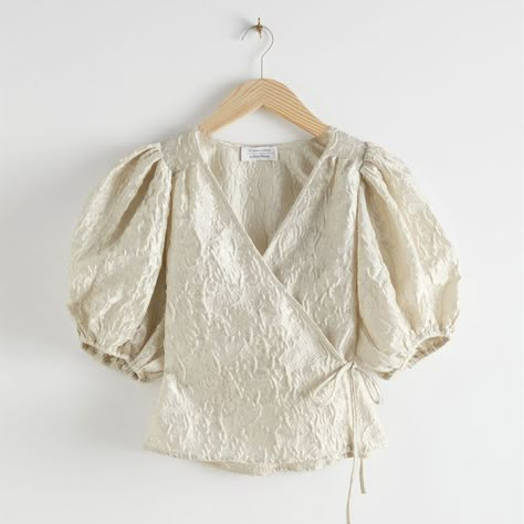 & Other Stories Jacquard Puff Sleeve Wrap Blouse Fashion Tops Blouse Style, Women Dress Design, White Wrap Blouse, White Blouses, Fashion Top Outfits, Fashion Tops Blouse, Blouse Style, Chic Blouses, Tops Blouse