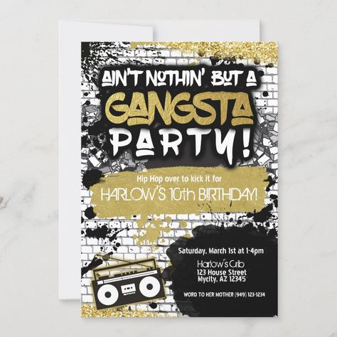 Hip Hop Birthday Invitations, 50th Hip Hop Birthday Party, Ain’t Nothing But A Gangsta Party, Gangsta Theme Party, Aint Nothing But A Gangsta Party Theme, Gangsta Party Theme, Gansta Party, Hip Hop Theme Party Ideas, Tupac Party