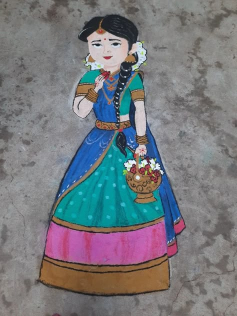 Pongal Designs, Portrait Rangoli, Cartoons Rangoli Design, Rangoli Painting, Rangoli Photos, Cartoons Rangoli, Best Rangoli Design, Baby Mehndi, Colour Kolam