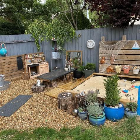 Mud kitchen sand pit childminder Becki Agar on Instagram: “Making progress on my nature kitchen area with sand pit #sand #mudkitchen #sandpit #natureplay #diy #childrenplayingoutside…” Diy Sandpit For Kids, Eyfs Sand Area Outside, Eyfs Outdoor Area On A Budget, Natural Play Area, Sand Kitchen, Kids Garden Play Area, Play Area Garden, Outdoor Playscapes, Natural Playscapes