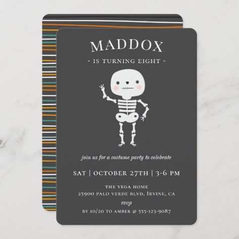 $3.16 | Cute Skeleton Halloween Birthday Party | Halloween Birthday Invitations | birthday, party, simple, cute, boy, halloween, costume party, cool, orange, skeleton Skeleton Birthday Party, Skeleton Birthday, Halloween Invitations Kids, Halloween Birthday Party Invitations, Boy Halloween, Halloween Birthday Party, Halloween Birthday Invitations, Cute Skeleton, Halloween Party Invitation