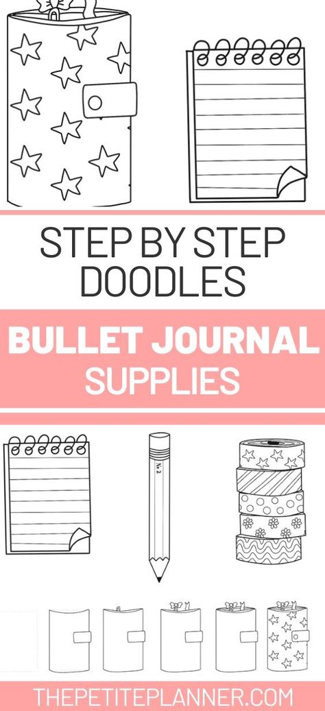 Step by Step Doodling Guide - Bullet Journal Supply Doodles. Learn how to draw washi tape, notbooks, pencils, and other favorite bujo supplies! These are perfect for planner pages and fun bullet journal spreads! Cute and fun ideas for your planner! #doodle #doodleart #doodling #doodleoftheday #howto #journaling #tutorial Planner Doodles Ideas, Journaling Borders, Journaling Tutorial, Bujo Supplies, Bullet Journal Supplies, How To Doodle, How To Bullet Journal, Doodle Art For Beginners, Planner Doodles