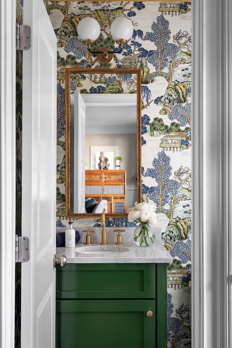 Bold Pattern Powder Room Design Bold Powder Room, Italianate House, Transitional Powder Room, Beautiful Powder Rooms, Powder Room Remodel, Green Vanity, Powder Room Wallpaper, Downstairs Toilet, Powder Room Design