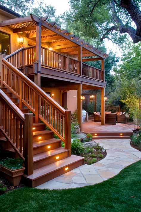 Have you ever seen stairs that transform a two-story deck into an elegant connection between spaces? I love how these designs open up both levels, making your backyard functional and stylish. Whether it’s a wraparound or straight design, these stairs offer flexibility and charm. Discover how these deck stair ideas can redefine your outdoor living space. Second Story Wrap Around Deck, Stairs From Deck To Yard, Decking Stairs Ideas, Second Story Deck Stairs, 2 Story Deck Designs, Deck Ideas On A Slope, Back Deck Stairs, Balcony With Stairs, 2nd Story Deck Ideas