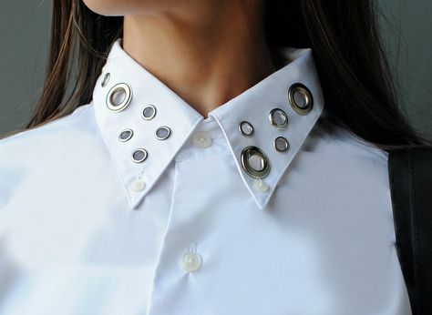 Trash To Couture: DIY Eyelet Embellished Collar Trash To Couture, Embellished Collar, Classic White Shirt, Ny Fashion, Embellished Top, Diy Fashion, New York Fashion Week, White Shirt, Sewing Projects