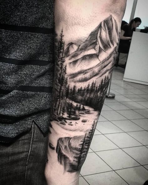 Alberta Tattoo, Mountain Sleeve Tattoo, Mountain Tattoo Ideas, Forest Tattoo Sleeve, Natur Tattoo Arm, Trees Tattoo, Berg Tattoo, Scenery Tattoo, Tree Sleeve Tattoo