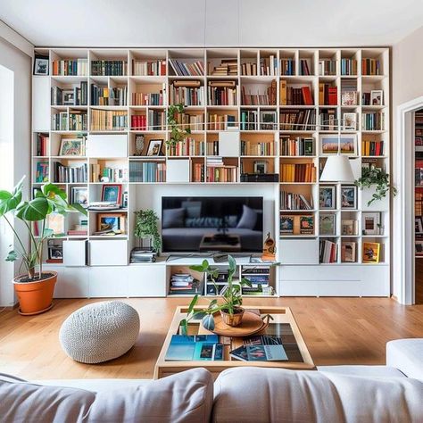 Bookshelves In Living Room With Tv, Living Room Bookshelf Ideas, Bright Airy Living Room, Tv Living Room Ideas, Room Bookshelf Ideas, Bright And Airy Living Room, Living Room With Tv, Room With Tv, Airy Living Room