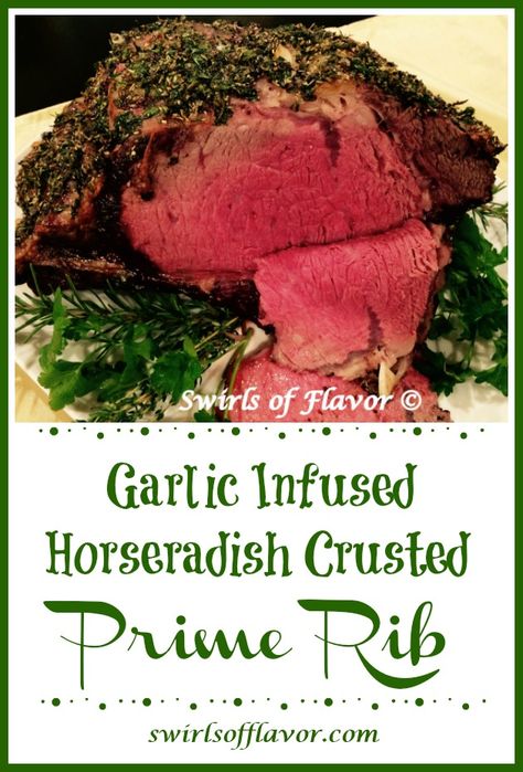 Garlic Infused Horseradish Crusted Prime Rib is guaranteed to be the star at your holiday table! Smothered with fresh herbs, this garlic studded beef rib roast is brimming with fresh flavor and sweet roasted garlic. Our beef rib roast recipe is easy to make, just season, roast and serve! #primerib #ribroast #beef #holiday #entertaining #horseradish #swirlsofflavor Horseradish Prime Rib Recipe, Horseradish Crusted Prime Rib, Beef Rib Roast Recipe, Crusted Prime Rib, Fresh Basil Recipes, Beef Rib Roast, Holiday Dinner Recipes, Beef Rib, Rib Roast Recipe