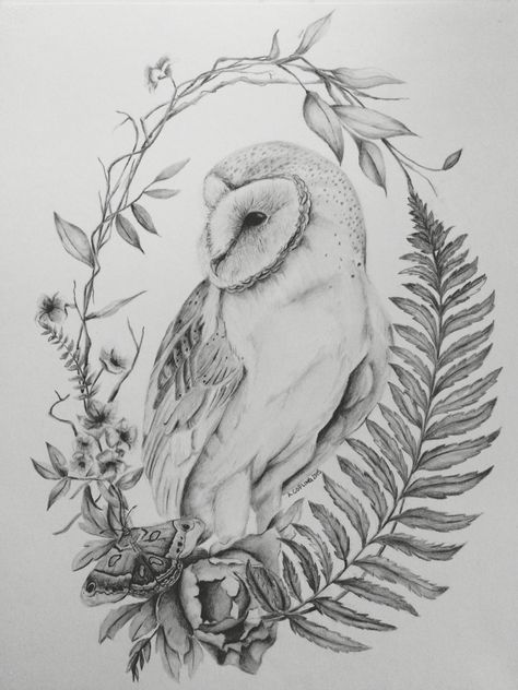 Owl among flowers and ferns. #owl Barn Owl Tattoo, Owl Tattoo Drawings, Tre Kunst, Owl Tattoo Design, Owls Drawing, Tattoo Art Drawings, Owl Tattoo, Graphite Drawings, Owl Art