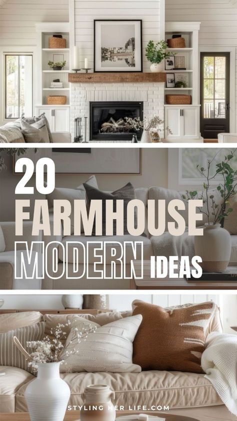 Transform your living room into a cozy, stylish, and functional Modern Farmhouse space with these top 20 decor tips. This guide covers essential furniture like comfortable sofas and rustic coffee tables, as well as decorative elements such as throw pillows, cozy throws, and farmhouse rugs. Learn how to personalize your living room with wall art, rustic clocks, and greenery. Discover lighting ideas with chandeliers, table lamps, and wall sconces, and integrate personal touches like family photos and vintage finds. Update your decor seasonally to keep your space fresh. Explore our product recommendations for each tip! Modern Farmhouse Living Room Pillows, Modern Farmhouse Decorating Ideas For The Home, Modern Farmhouse Living Room Design Ideas, Minimal Farmhouse Decor Living Room, Natural Modern Farmhouse Living Room, Farmhouse Modern Living Room Ideas, Living Room Cozy Farmhouse, Modern Farmhouse Cottage Living Room, Farm Modern House Decor Living Room