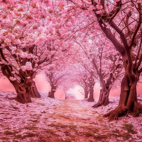 Pink Forest Aesthetic, Sakura Scenery, Sakura Forest, Pink Scenery, Cherry Blossom Forest, Outfit Themes, Shadow Powers, Pink Landscape, Cherry Blossom Painting