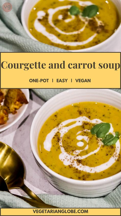 One-pot courgette and carrot soup with onion, garlic, chilli, spices, and coconut milk! It is creamy, comforting and full of flavour. #soups #souprecipes #souprecipeshealthy #soupseason #souprecipeseasy #souprecipesvegetarian #souprecipesdairyfree #zucchinisoup #zucchinisouprecipes #courgettesoup #courgettesouprecipe #courgetteandcarrot #courgetteandcarrotsoup #courgetteandcarrotrecipes #vegan #carrotsoupeasy #carrotsouprecipes #easysouprecipes #zucchinisouprecipes #fallsouprecipes Squash And Carrot Soup, Zucchini Carrot Soup Recipes, Carrot And Courgette Soup, Carrot Soup Easy, Courgette Soup Recipe, Zucchini Cashew Soup, Mushroom Carrot Celery Soup, Zucchini Soup Recipes, Carrot Soup Recipes