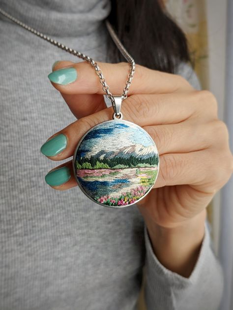 3 new hand embroidered landscape necklaces are up on my Etsy store now, check them out!! Diy Embroidery Shirt, Embroidery Pendant, Hand Embroidered Necklace, Landscape Embroidery, Embroider Ideas, Hand Embroidered Jewelry, Embroidered Jewelry, Embroidery Shirt, Embroidered Necklace