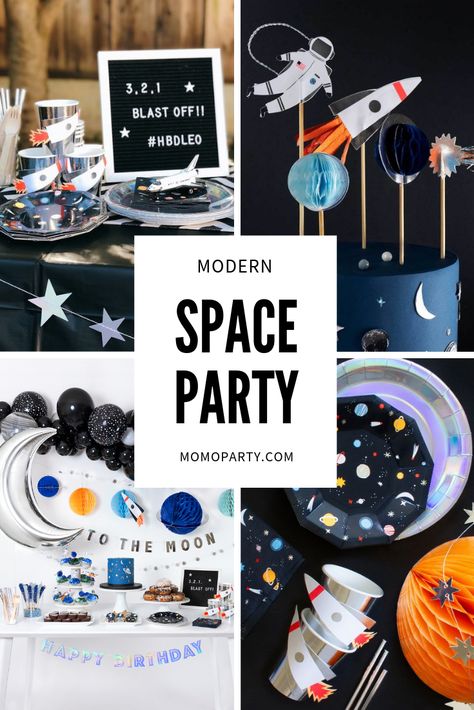 Awesome party ideas for a modern space party. Featuring space themed party decorations and supplies of rockets, planets, astronauts, stars and moon, your next space party will surely be out of this world! #boysbirthdaypartyideas #toddlerbirthdayideas #firstbirthdayideas #firstbirthdayboys #spacebirthdayparty #boysbirthdayparty #spacetheme #galaxyparty Awesome Party Ideas, Diy Fotokabine, Space Themed Party, 4de Verjaardag, 2nd Birthday Party For Boys, Fest Temaer, Boys First Birthday Party Ideas, Space Theme Party, Astronaut Birthday