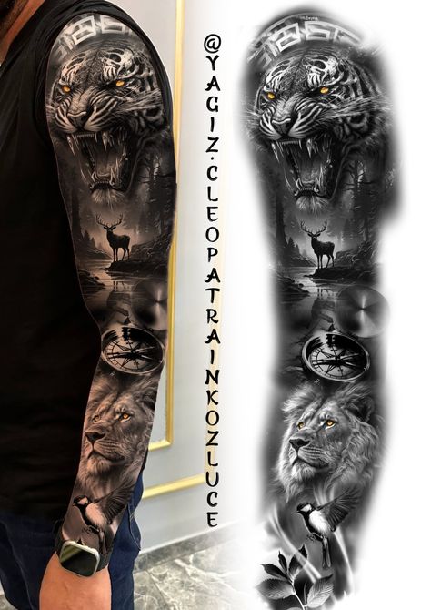 Tiger Full Sleeve Tattoo Design, Forearm Tiger Tattoo, Arm Cover Up Tattoos, Upper Leg Tattoos, Lion Forearm Tattoos, Dog Portrait Tattoo, Lion Crown, Arte Viking, Bear Tattoo Designs