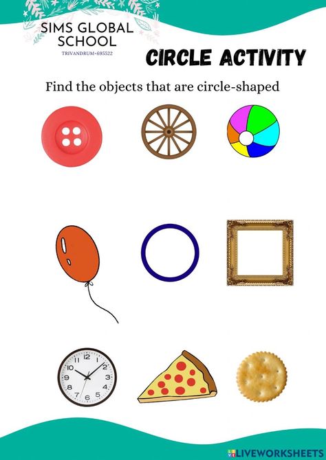 Find The Circle Worksheet, Circle Shaped Objects, Circle Objects, Worksheet Kindergarten, Shapes Worksheet Kindergarten, Time To The Hour, Math Interactive, Shapes Worksheets, Object Drawing