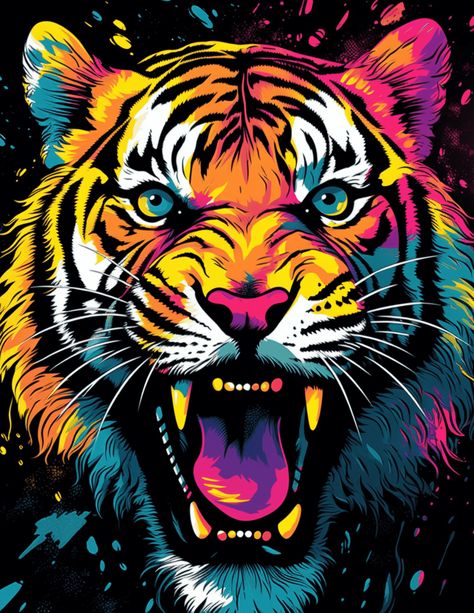 Abstract Tiger Art, Tiger Pop Art, Colorful Lion Painting, Lion Face Paint, Art Tigre, Pop Art Prints, Pop Art Cat, Tiger Artwork, Wpap Art