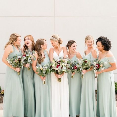 Sage Green Bridesmaid Dresses Real Weddings | Birdy Grey Sage Green Wedding Bridesmaid, Sage Green Bridesmaid Dresses, Sage Green Bridesmaid, Sage Green Wedding Colors, Wedding Color Trends, Sage Green Bridesmaid Dress, Sage Green Dress, Green Wedding Colors, Sage Wedding