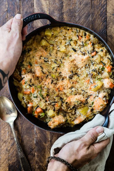 Fresh Baked Salmon, wild rice and potatoes are cooked in a creamy cajun style sauce. This is a perfect family style meal for a cold night! Rice And Potatoes, Casserole With Rice, Salmon Casserole, Wild Rice Recipes, Wild Rice Casserole, Best Casseroles, Salmon And Rice, Cajun Seasoning, Wild Rice