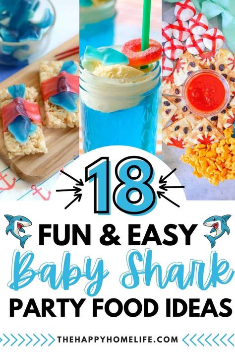 It's a party! Celebrate your little one in style with these awesome baby shark party food ideas. From cupcakes and popsicles to fishing pole treats, here are 18 perfect ways you can make the most of your child’s birthday bash. Now go get those teeth ready for some serious chomping on all that yummy goodness! Shark Birthday Party Snacks, Fish Party Food Ideas, Baby Shark Birthday Party Girl Food, Baby Shark Food Ideas, Fish Party Food, Baby Shark Party Food, Baby Shark Dessert Table, Shark Party Food Ideas, Shark Birthday Party Food