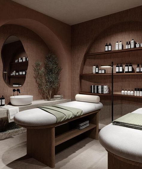 Credits @loakdesigns | Instagram Spa Flooring Ideas, Massage Center Interior Design, Spa And Massage Interior Design, Spa Interior Design Luxury Spas, Med Spa Services, Modern Massage Room, Massage Salon Design, Spa Lounge Area, Spa Center Design