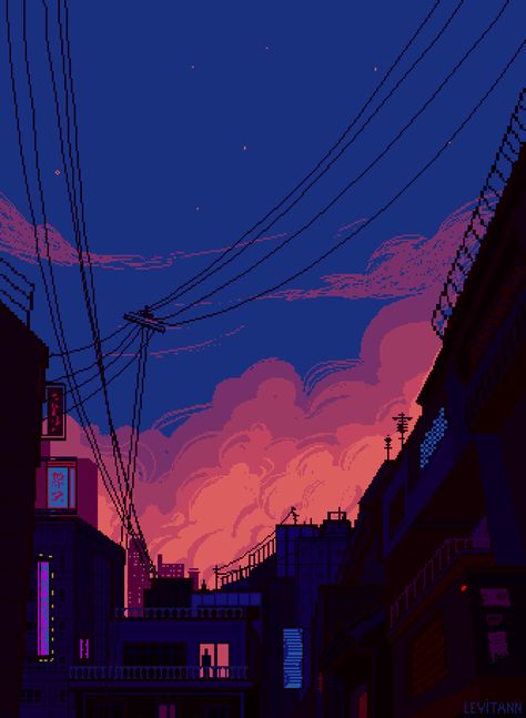 Power Lines, At Night, Gif, Wallpapers, Anime, Pink, Blue, Art