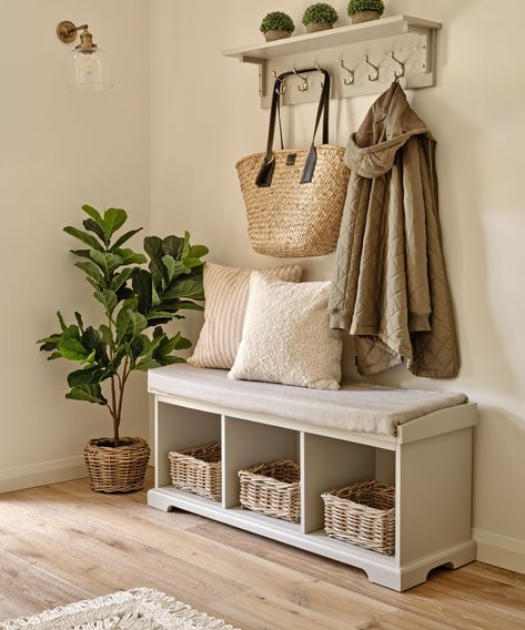 5 small entryway coat storage ideas designers love | Real Homes Hallway Bag Storage Ideas, Landing Storage Upstairs, Small Landing Ideas, Landing Storage, Hallway Coat Storage, Jacket Storage, Hallway Shelf, Landing Ideas, Coat Hooks On Wall