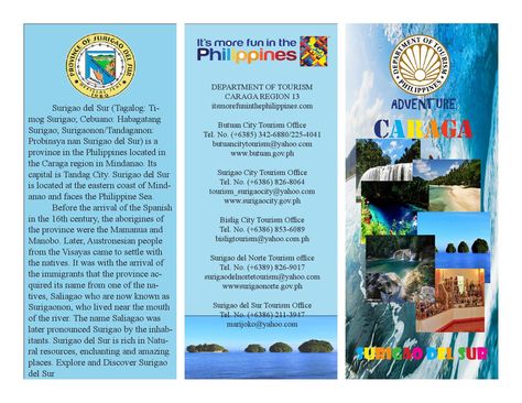 MJ Surigao del sur brochure Surigao Del Sur Tourist Spots, Mindanao Tourist Spot Brochure, Travel Brochure School Project, Surigao Del Sur, Surigao City, Kalanggaman Island, Travel Brochure Design, Zamboanga City, Regions Of The Philippines