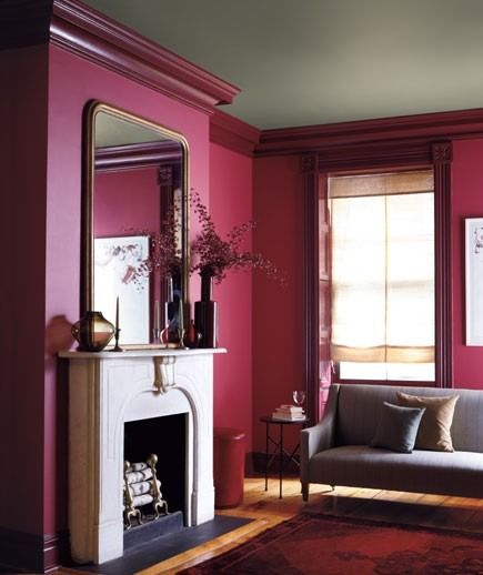 Eye For Design: Decorating With The Color Raspberry Framboise Sherwin Williams, Dark Pink Accent Wall, Raspberry Walls, Raspberry Paint, Berry Living Room, Magenta Interior Design, Red Living Room Walls, Pink And Green Room, Farrow And Ball Living Room