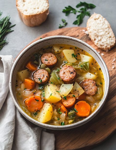 Sausage Potato & Cabbage Soup Recipe - Recipe Amelia Cabbage And Potatoes Soup, Sausage And Cabbage Recipes, Potato Cabbage Soup, Sausage Cabbage Soup, Lentil And Bacon Soup, Cabbage And Smoked Sausage, Sweet Cabbage, Cabbage Potato Soup, Potato Cabbage