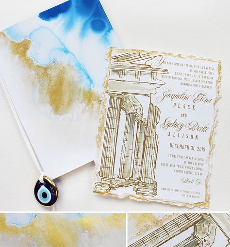 A beautiful watercolor Greek themed Debutante Ball invitation... so excited to design for these sisters' special New Year's Eve Celebration!!!  We had the honor of creating stationery for their older sister a few years ago.    #momentaldesigns  #kristyrice  #greekinvite  #debutanteball  #watercolorinvite  #customdesigned  #artisticinvite  #newyearseve Greek Theme Invitations, Greek Inspired Invitation, Greek Invitation Design, Greek Mythology Invitation, Greek Wedding Invites, Greek Invitations Ideas, Greek Mythology Themed Wedding, Greek Party Invitations, Parthenon Watercolor