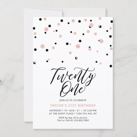 Black & Rose Gold Twenty One 21st Birthday Party Invitation Byob Wedding, Teen Birthday Invitations, Teen Birthday Party, 60th Birthday Party Invitations, 30th Birthday Party Invitations, 40th Birthday Party Invites, 100th Birthday Party, 20th Birthday Party, 50th Birthday Party Invitations