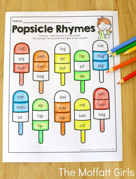 Popsicle Rhymes (for beginning readers)- Avoid the Summer Slide! Help your students stay on track during summer break with these FUN activities! Perfect for Kindergarten going into 1st Grade! Rhyming Activity Kindergarten, Decoding Activities Preschool, First Grade Activities At Home, Kindergarten Activities Summer, Kindergarten And 1st Grade Activities, Diy 1st Grade Learning Activities, Smart Board Activities For Kindergarten, Kindergartner Activities, Language Arts Activities For 1st Grade