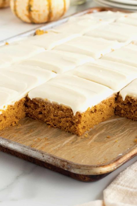 Pumpkin Sheet Cake Easy Pumpkin Sheet Cake, Pumpkin Bar Cake, Pioneer Woman Pumpkin Sheet Cake, Pumpkin Roll With Box Cake, Pampered Chef Pumpkin Bars, Sheet Pan Desserts Recipes, Pumpkin Bars With Cream Cheese Frosting In Jelly Roll Pan, Spice Cake Pumpkin Bars, Sheet Pan Pumpkin Bars With Cream Cheese Frosting