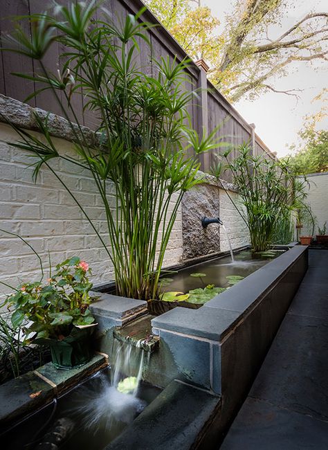 Mike Hammersmith, Atlanta: Your Upscale General Contractor Wall Water Feature Outdoor, Outdoor Waterfall Ideas, Modern Water Feature Entrance, Modern Water Feature Entrance Home, Terrace Waterfall, Outdoor Feature Wall, Commercial Water Feature, Residential Water Feature, Outdoor Waterfalls