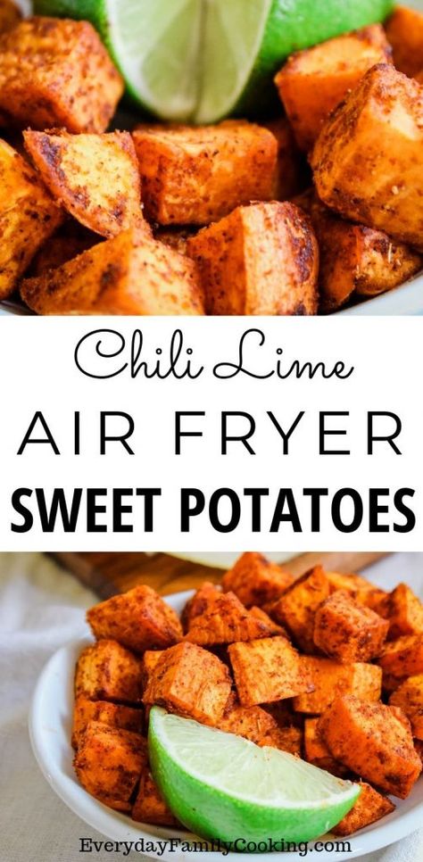 Chili Lime Sweet Potato, Lime Sweet Potato, Air Fryer Sweet Potatoes, Mexican Side Dish, Simple Chili, Mexican Sweet Potatoes, Mexican Side, Raw Sweet Potato, Sweet Potato Recipe