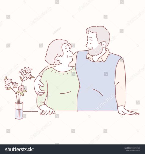 Old Couple Doodle, Couple Looking At Each Other Drawing, Old Couple Drawing, Old Couple Illustration, Drawn Couple, Heidi Cartoon, Couples Doodles, Looking At Each Other, Vector Doodle