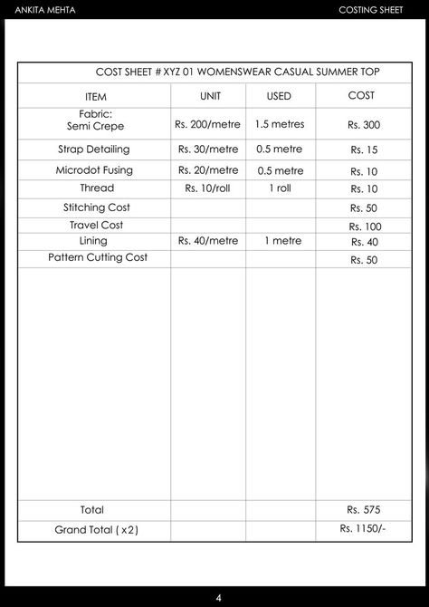 Cost Sheet Of Garment, Cost Sheet Fashion Design, Costing Sheet Template, Costing Sheet, Notion Template For Work, Template For Project, Invoice Template Free Download, Design Invoice Template, Menswear Formal