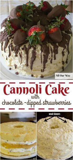 Cannoli Cake is inspired from its Sicilian namesake. Rich sweetened ricotta with chocolate chips fills the three layers and whipped cream frosts the dessert with chocolate dipped strawberries adorn the top. Sicilian Cake, Dessert Cannoli, Dessert With Chocolate, Dessert Italian, Strawberries Recipes, Glazed Cake, Cannoli Cake, Cake With Whipped Cream, Frosting Chocolate