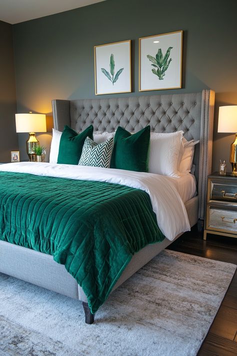 ✨ 15 Stunning Grey Headboards You’ll Fall in Love With! 💖 - Green Main Bedroom Ideas, Grey Queen Bed Frame, Home Decor Ideas Green And Grey, Gray Bedding With Pop Of Color Bedroom, Grey Bedroom Green Accents, Bedroom Gray And Green, Grey Headboard Green Bedding, Gray Furniture Bedroom Color Combos, Guest Bedroom Grey Headboard