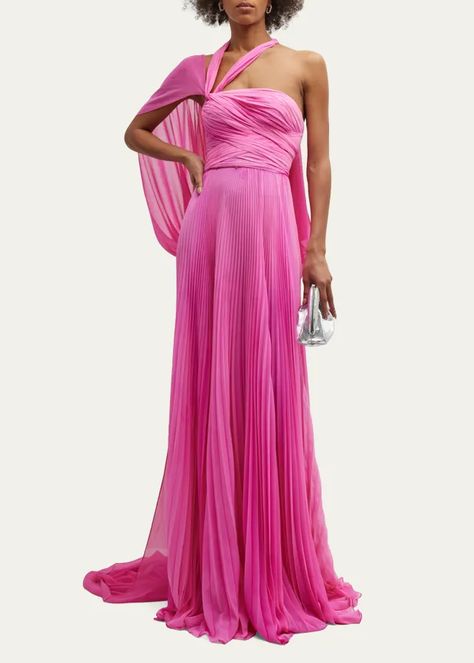 B7V96 Naeem Khan Pleated One-Shoulder Gown with Cape Detail Formal Attire Women, Gown With Cape, Trumpet Silhouette, Haute Couture Details, Anna Dress, Naeem Khan, Pink Bridesmaid Dresses, One Shoulder Gown, Chiffon Evening Dresses