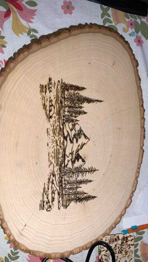 Hand burned scene of the mountains into a piece of wood  IMPORTANT Please message me first before purchasing. All items are made to order which can take between 1-2 days and shipping will be done after within 3-5 days. Thank you :) Wood Burning Ideas Mountains, Wood Burned Picture Frame, Wood Burning Mountain Scene, Woodburning Crafts, Burning Mountain, Business Crafts, Winter Wallpapers, Wood Burn Designs, Pencil Drawings Of Animals