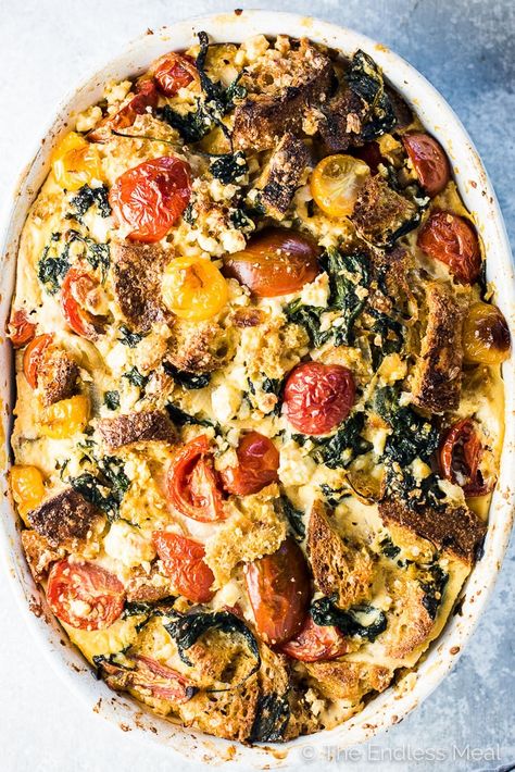 Lightened Up Feta Tomato Spinach Strata Spinach Strata Recipe, Cherry Tomatoes And Feta Cheese, Spinach Strata, Strata Recipes Breakfast, Tomatoes And Feta Cheese, Feta Tomato, Strata Recipes, Tomato Breakfast, Tomatoes And Feta