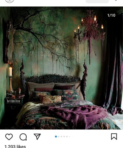 Green Gothic Bedroom, Dark Cottagecore Aesthetic Bedroom, Cottagecore Aesthetic Bedroom, Dark Cottagecore Bedroom, Cottagecore Bedrooms, Cottagecore Bedroom Decor, Indian Bedroom Decor Ideas, Gothic Bedroom Ideas, Cottagecore Bedroom Ideas