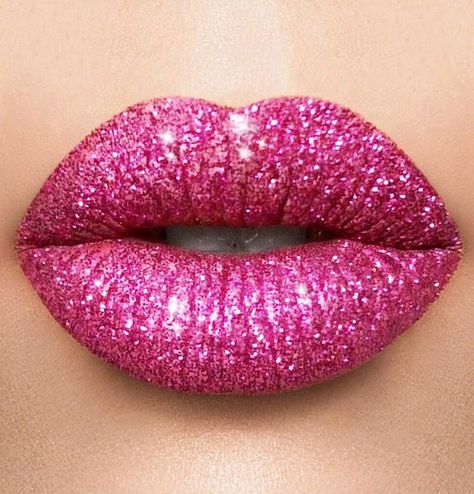 Say goodbye to dry, flaky, or tired lips with these nourishing lip treatments — and once your lips are in tip-top shade, bring the heat with these bold, bright, and downright beautiful lipsticks and lip glosses. Nails Pink Glitter, Pink Glitter Lipstick, Pink Lips Makeup, Hot Pink Lips, Glitter Lipstick, Beautiful Lipstick, Pink Lip Gloss, Lipstick Art, Cosmetic Glitter