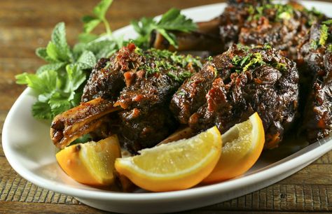 Lamb shanks braised in wine & aromatics osso buco style makes for an easy & delicious special occasion meal. Garnish with lemon, orange & mint gremolata. Lamb Receipts, Parsley Gremolata, Lamb Shank Recipe, Goat Recipes, Osso Bucco, Beef Shank, Braised Lamb, Mutton Recipes, Special Occasion Food