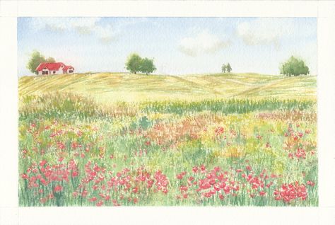 Flower Field Painting Watercolors, Flower Field Drawing Pencil, Flowers Field Painting, Flower Field Watercolor, Spring Field, Summer Drawings, Watercolor Scenery, Flowers Field, Magic Water