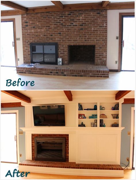 Fireplace Remodel: DIY a fireplace facade to cover an old brick fireplace, without painting the brick Old Brick Fireplace, Fireplace Remodel Diy, Brick Fireplace Remodel, Fireplace Redo, Fireplace Update, Fireplace Facade, Build A Fireplace, Remodel Diy, Brick Fireplace Makeover