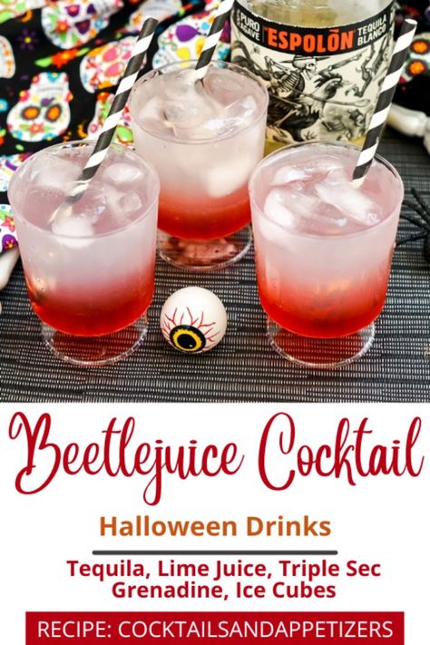 Tequila Drinks Halloween, Halloween Cocktails Recipes Tequila, Beetlejuice Themed Drinks, Halloween Tequila Shots, Beetle Juice Cocktail, Tequila Halloween Cocktails, Halloween Tequila Cocktails, Tequila Halloween Drinks, Halloween Tequila Drinks