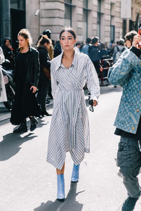 Paris SS18 Street Style IV | Collage Vintage Chemise Outfit, Cute Pastel Outfits, March Fashion, Striped Dress Outfit, Elemental Blue, Street Vibes, Style Types, Wrap Shirt Dress, Summer 25